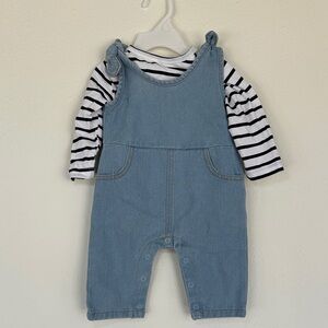 Striped Long Sleeve Tee & Light Blue Denim Overalls Set for Baby Girls